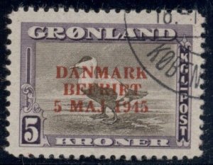 GREENLAND #27a (27v2) 5kr Eider Duck Wrong Color Ovpt, used Scott $240.00