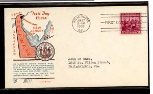US 836 1938 3 cent Swedes Finnish Settlement of Delaware (single) on  an addressed (typed) First Day Cover with a Pavois cachet.
