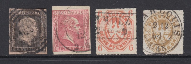 Prussia Sc 3, 11, 16, 20, used. 1850-67 issues, 4 different, sound, F-VF