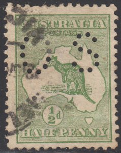 Australia 1913 used Sc #1 SG #O16 1/2p Kangaroo and Map Small OS Puncture Var...