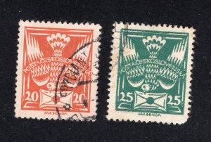 Czechoslovakia 1920 20h & 25h, Scott 84-85 used, value = 50c