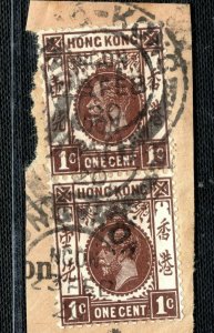 Hong Kong KGV Stamp 1c Pair 1920 Piece Used ex Collection Y2WHITE27