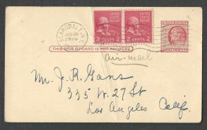 DATED 1942 PC 2c PREXIES X 2 ON 2c POSTAL PAYS 6c AIRMAIL RATE