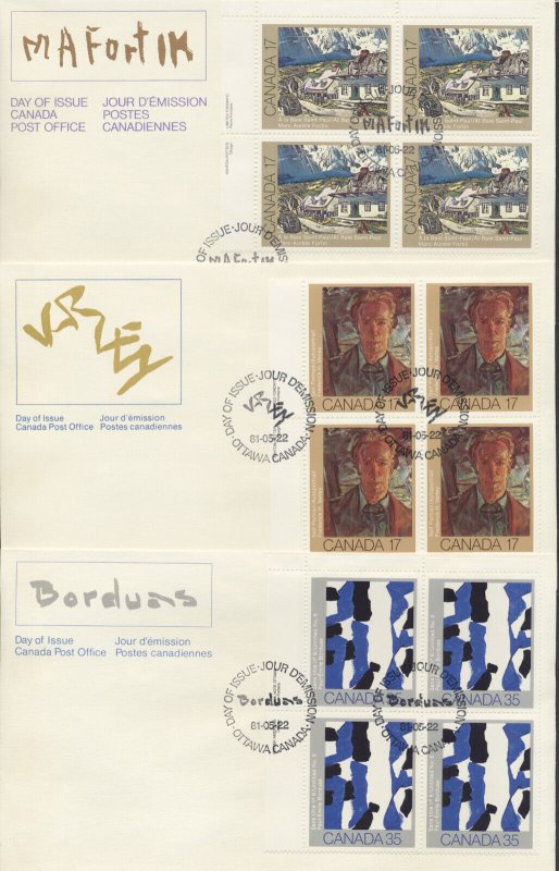 1981 #887-889 Set of 3 Canadian Painters FDCs, Plate Blocks, CPC Cachets