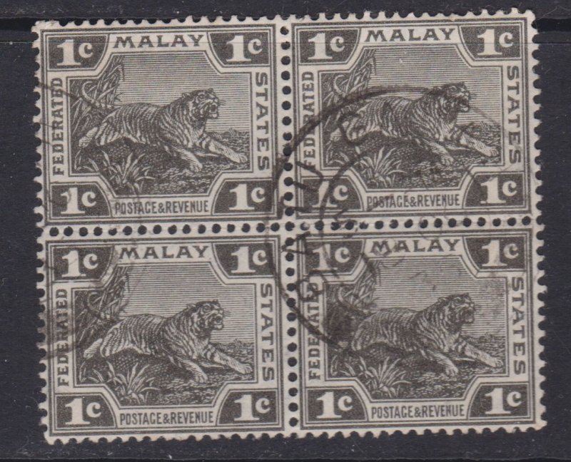 Malay States 1923 Tiger 1c Block of 4 Fine Used SG 53 VGC