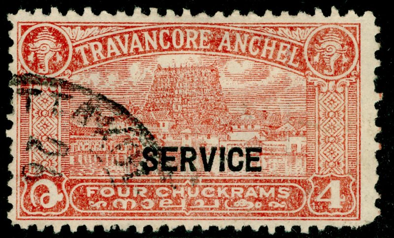 INDIAN STATES - Travancore SGO91, 4ch red, USED.