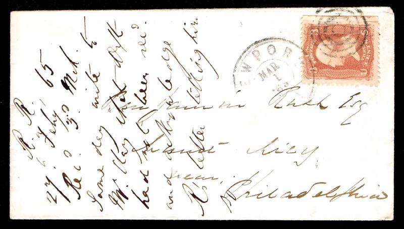 03/01/1865 U.S.#65 ON COVER NEWPORT, RI TO PHILADELPHIA, PA (ESP#084)