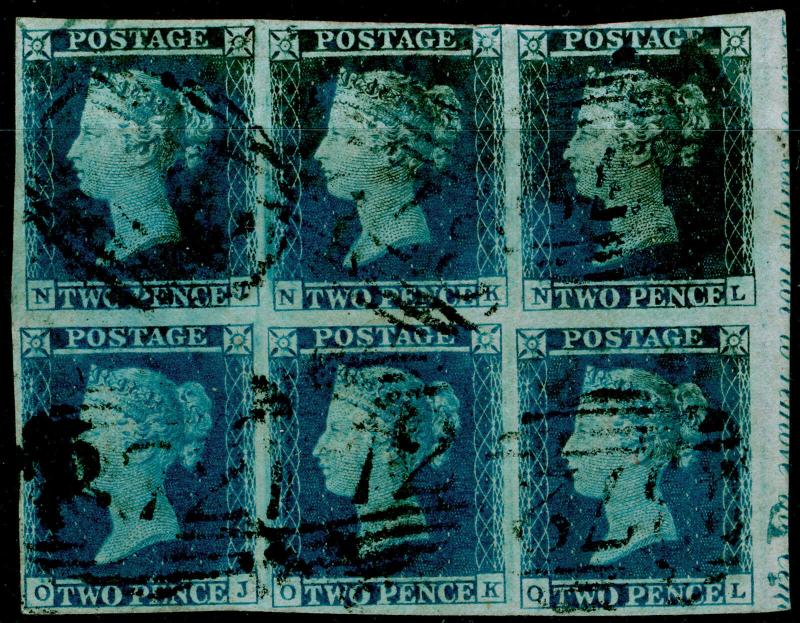 SG14, 2d blue, FINE USED. Cat £2000++. BLOCK OF 6.