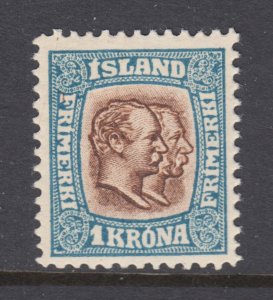 Iceland Sc 83 MLH. 1907 1k blue & brown Two Kings, fresh, bright, VLH