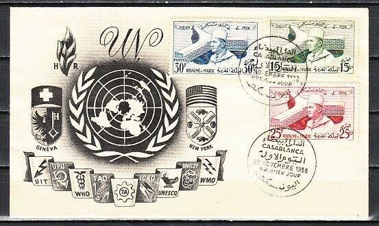 Morocco, Scott cat. 25-27. UNESCO Headquarters issue. First day cover. ^