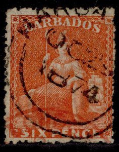 BARBADOS QV SG50, 6d orange-vermilion, FINE USED. Cat £30. CDS WMK small star