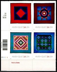 2001 Amish Quilt Plate Block Of 4 34c Postage Stamps, Sc# 3524-3527, MNH, OG