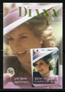 UNION ISLAND  PRINCESS DIANA 50th BIRTH   IMPERFORATE  SOUVENIR SHEET  MINT NH