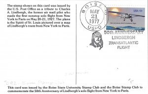 1977 FDC, #1710, 13c Lindbergh Flight, Boise State University Stamp Club #092