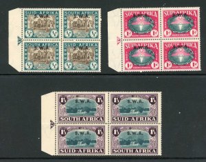 South West Africa SG111/3 1939 Huguenots U/M Blocks Cat 130 pounds