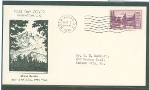 US 742 1934 3c Mt. Rainier, Part of Natl. Park Series, single on an addressed, typed FDC cover with Clara Fawcett Cachet