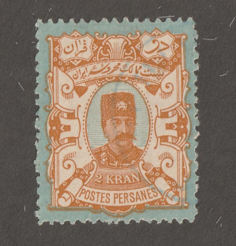 Persia Stamp, Scott# 97, used hinged, 2 Kran, orange color, blue postmark, #L-49