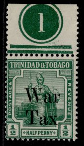 TRINIDAD & TOBAGO GV SG187, ½d bluish green, M MINT. CONTROL PLATE 1
