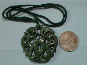 ​CHINA GREEM JADE: HAND CRAFT ON BOTH SIDE PENDANT DOUBLE DRAGON PLAYING PEAL