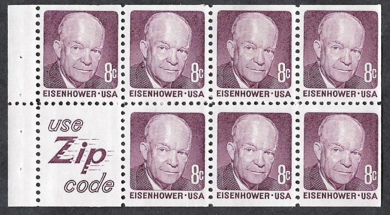 United States 1395d 8¢ Dwight D. Eisenhower (1972). Booklet pane of 7. Zip. MNH