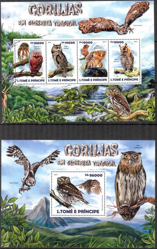 Sao Tome and Principe 2015 Birds Owls sheet + S/S MNH