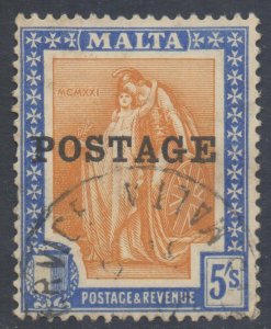 Malta Scott 128 - SG155, 1926 Postage Overprint 5/- used