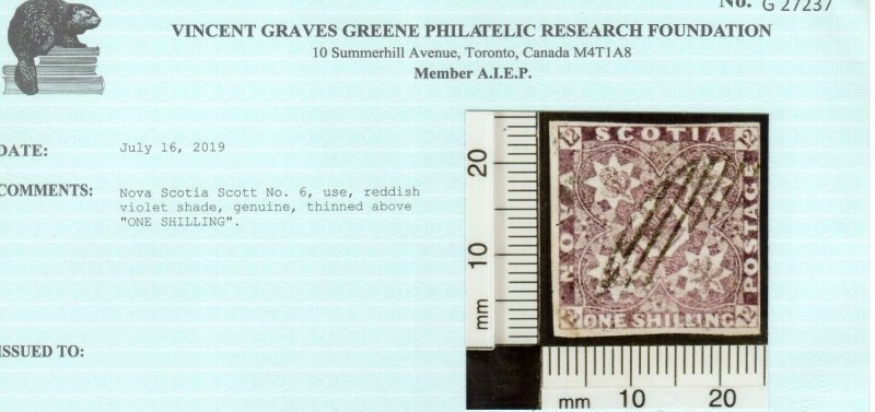 Nova Scotia #6 Used Fine Small Thin **With Certificate**