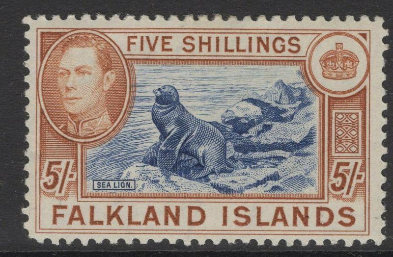 FALKLAND ISLANDS SG161b 1938 5/= INDIGO & PALE YELLOW-BROWN MTD MINT