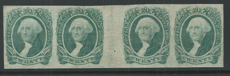CSA Scott #13 Mint POG LH Gutter Strip of 4 Confederate Stamps VF