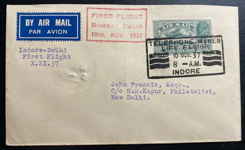 1937 Indore India First Flight Airmail cover FFC To New Delhi