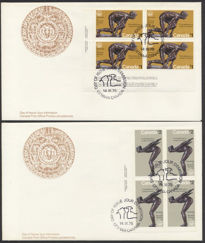 1975 #656-657 $1-2 Olympic Sculptures FDCs Plate Blocks Canada Post Cachets