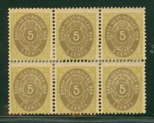 DANISH WEST INDIES #19 (17a) 5¢ bicolor 7th Printing Block of 6 hinged