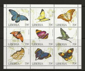 Thematic stamps Butterflys. Liberia sheet of 9 x 70c butterflys MNH