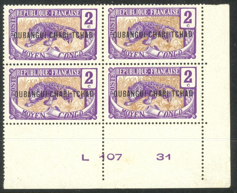 UBANGI-SHARI 1915-22 2c Leopard Sc 2 Plate No. Block of 4 MNH