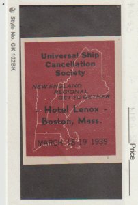 1939 Universal Ship Cancelation Society Event Stamp in New England  Boston MA NH