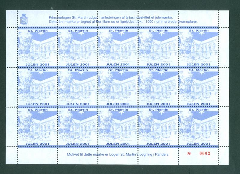 Denmark. Christmas Sheet + Approval Print  2001  Masonic Freemason  St. Martin