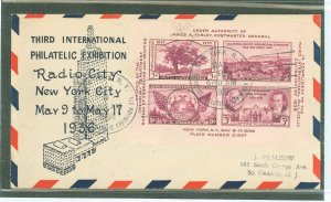 US 778 1936 Third International Philatelic Exhibition (TIPEX) Farley souvenir sheet of four imperfcommemoratives on an addressed