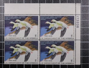 Scott RW44 1977 $5.00 Duck Stamp MNH Plate Block UR 173206 SCV - $50.00