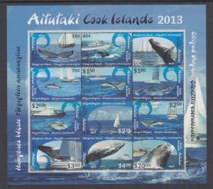 Aitutaki Sc 612 MNH. 2013 Whales & Dolphins, Souvenir Sheet of 12, VF