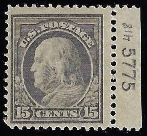 Scott #418 - $80.00 – VF-OG-LH – Right margin plate # single. Large margins!