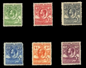 Falkland Islands #54-59 Cat$64++ (for hinged), 1929-31 George V, 1/2p-6p, six...