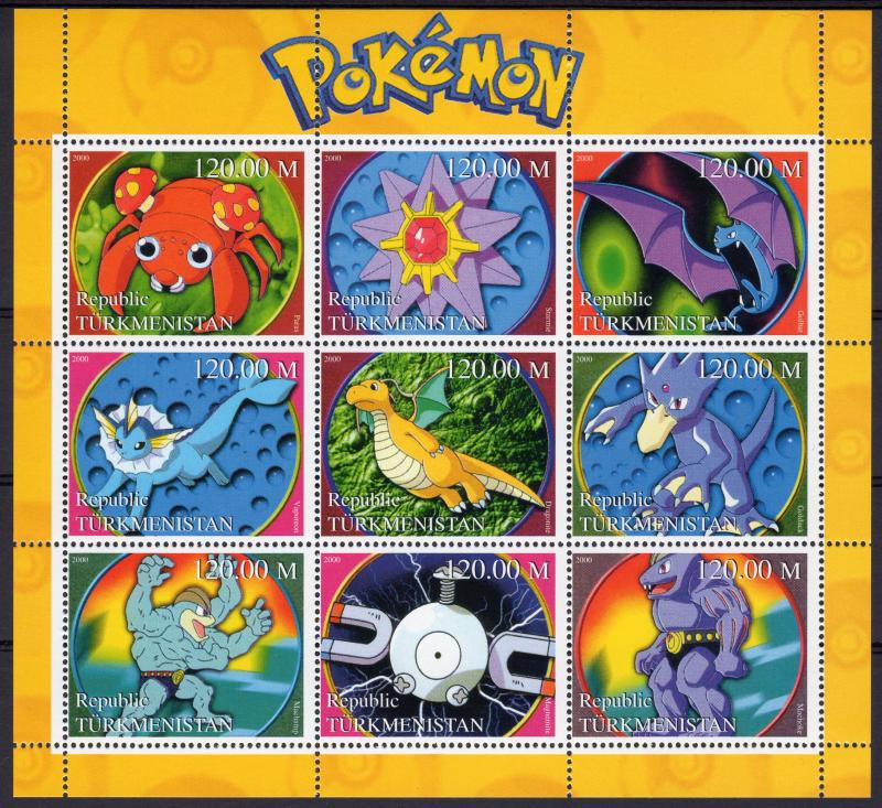 Turkmenistan 2000 POKEMON Sheetlet (9) Perforated MNH