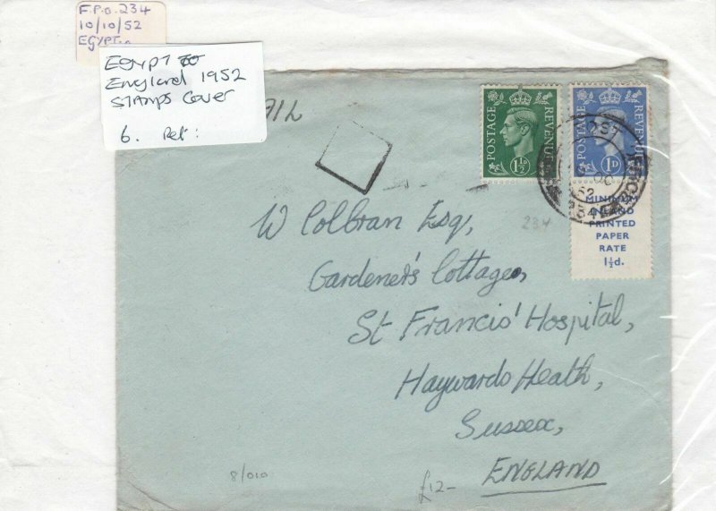 eygpt to england 1952 stamps cover   ref 8612