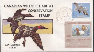 Warren Wildermuth Hand Colored/Thermographed FDC for Canada 1986 Waterfowl Stamp