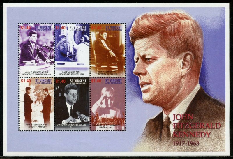 ST, VINCENT GREN. JOHN FITZGERALD  KENNEDY 1917-1963 SHEET II MINT NEVER  HINGED 