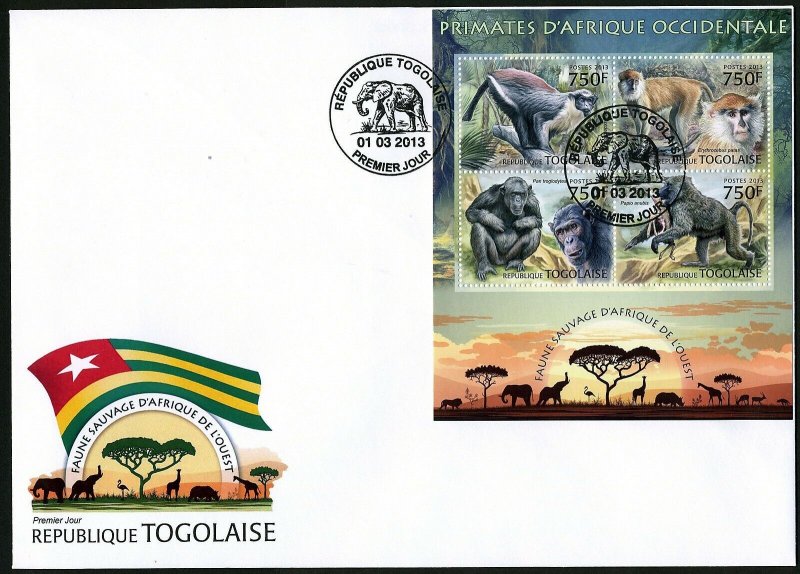 TOGO  2013 WILD ANIMALS OF WEST AFRICA  PRIMATES  SHEET  FIRST DAY COVER