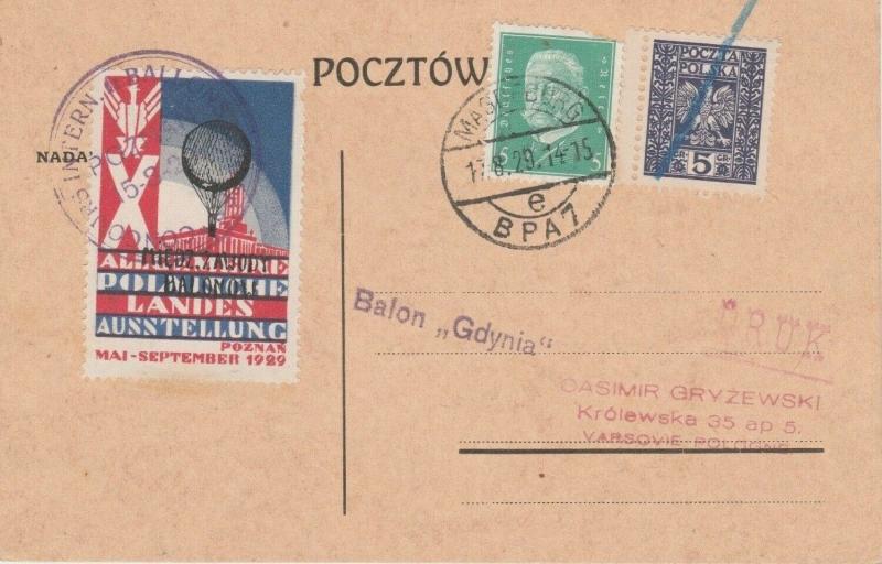 POLOGNE / POLAND 1929 (Aug 17) RARE Ballon GDYNIA Flight Card (50 cards flown)