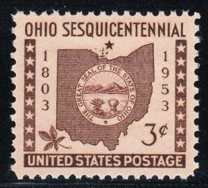 SCOTT  1018  OHIO STATEHOOD  3¢  SINGLE  MINT NEVER HINGED