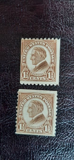 US Scott #598, 605; 1and1/2c Harding; mint hinged, og, from 1925;  VG centering