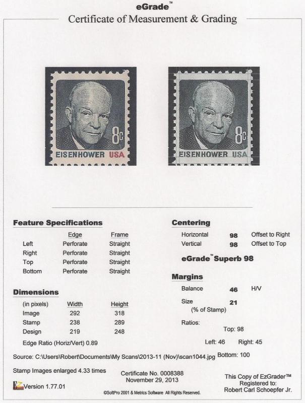 #1394 8 cent Eisenhower  mint OG NH EGRADED SUPERB 98 XXF